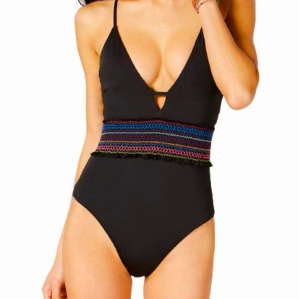 Bar III smocking solids black one piece swimsuit with zigzag crochet detail L